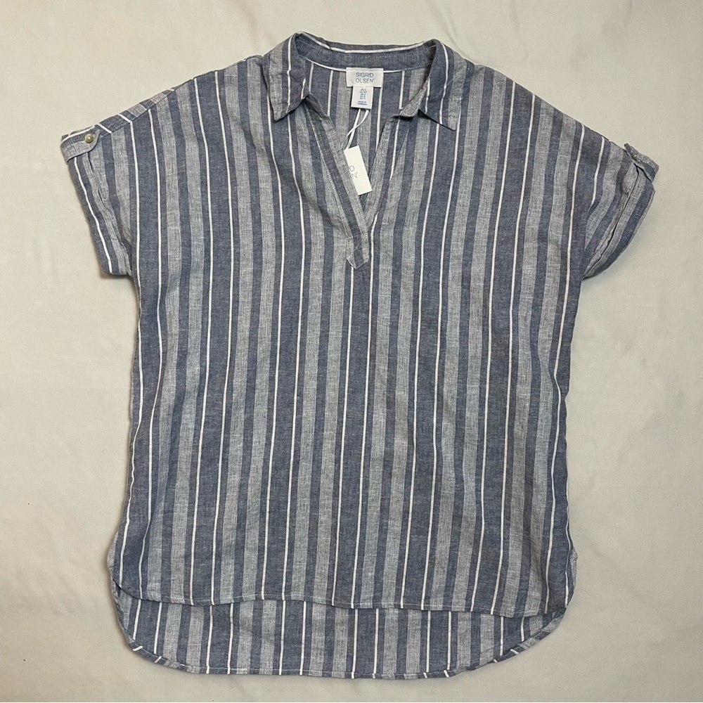 NWT New Sigrid Olsen Striped Linen Blend Blue Shirt Size S - Picture 5 of 9